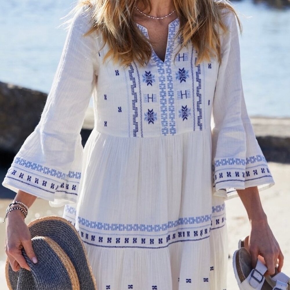 White With Blue Embroidered Boho Dress With Trumpet Sleeve